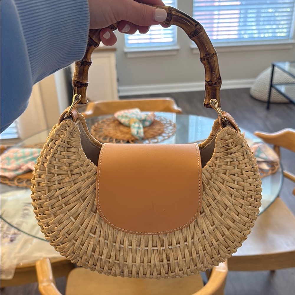 Tan Woven Handbag with Bamboo Handle